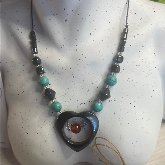 Blue and Black Necklace Set with Heart Pendant and Silver Accents - Picture 4 of 6